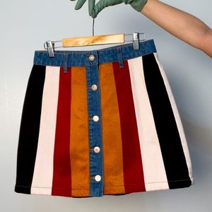 70s Style Denim Mini Skirt with Faux Suede Panels